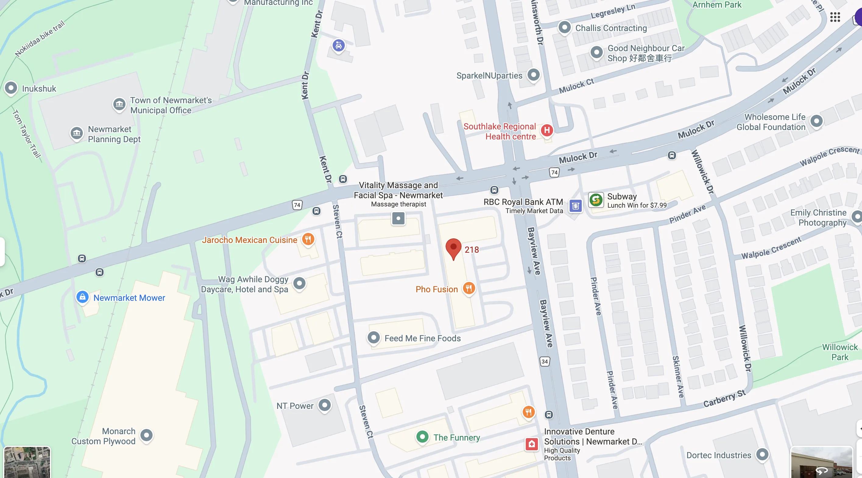 Map showing Dr. Jerome Green's office at 16700 Bayview Ave, Suite 218, Newmarket Ontario